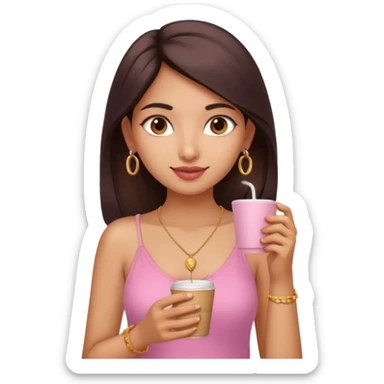 a pretty fair indian bratz girl with a pink cami top, drinking takeaway brown coffee, golden dainty necklace sticker