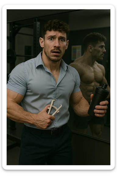 a fit man in his 30s stands in front of a gym mirror, flexing his muscles with a concerned expression. In one hand, he holds a caliper measuring his body fat, while in the other, a protein shaker. Reflected in the mirror, his muscular physique appears slightly faded around the edges, symbolizing his fear of losing muscle. The background shows gym equipment and nutrition charts, emphasizing his focus on definition. sticker