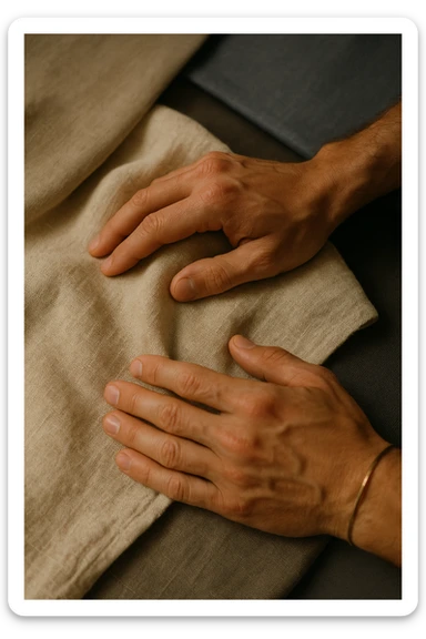 Primo piano di mani che toccano tessuto di lino grezzo, texture naturale dettagliata, colori puri e genuini, luce che rivela la bellezza delle imperfezioni naturali, mentre i sintetici appaiono artificiali e freddi in secondo piano sticker