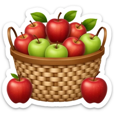 woven basket with apples and white checkered cloth, brown sticker