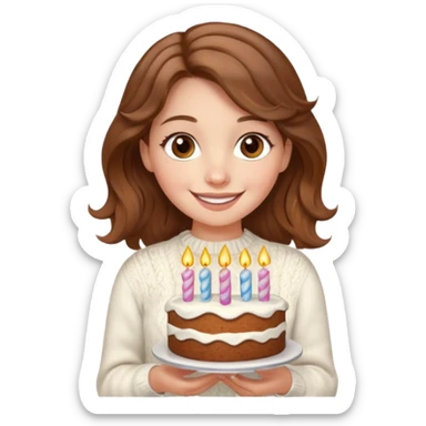 A pretty white girl with hazel brown eyes and brown wavy hair in a cosy white knit sweater, she is celebrating her birthday sticker
