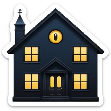 Minimalist emoji-style sticker of a house silhouette at night with a single lit window, and an eye visible inside. Flat, dark, quiet style.
 sticker