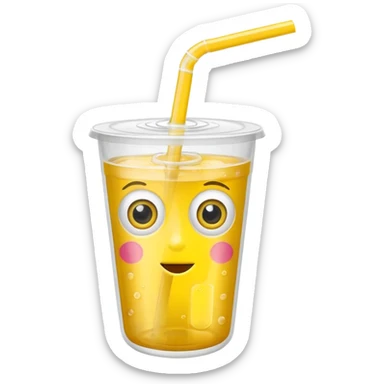 drink in a plastic cup and straw, the cup has eyes and mouth sticker