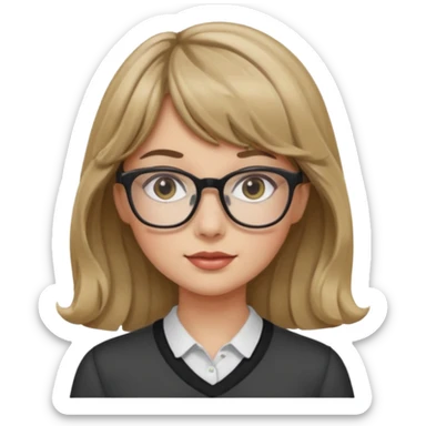 Uma garota de cabelo ondulado loiro escuro,mas com franja lisa e olhos pretos,usa óculos e a cor de pele branca,e o cabelo na cintura sticker