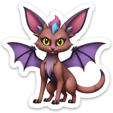 dark edgy dull pointy edgy Noivern-Noibat-Purloin-Torracat-Lykoi-Caracal-cat-Fakemon-fusion-hybrid-creature, with bat-wings on head as ears sticker