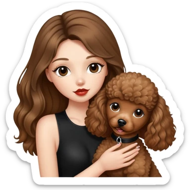 girl with long balayage hair and long lashes, wearing black halterneck top, and holding and kissing a brown poodle sticker