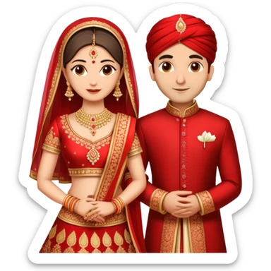 Indian married couple in traditional wedding attire, bride in red and gold wedding lehenga or saree, groom in sherwani, both with fair skin, groom is clean shaven sticker