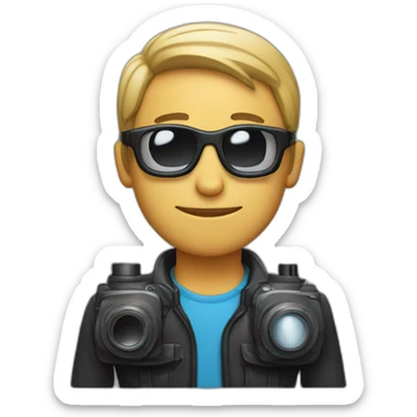 masculine man with dark glasses and a camera sticker