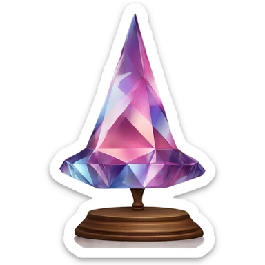 crystal sculpture witch hat with a geometric, faceted design. The hat is standing upright on a wooden stand with angular and baroque features. The vibrant midtone tints of pastels and pink highlights the sharp edges and planes.  sticker