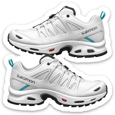 Bare minimum stylized white Salomon XT-6 sneakers in pure iOS emoji style, extremely clean lines, simplified shapes, one shoe behind the other, flat white design sticker