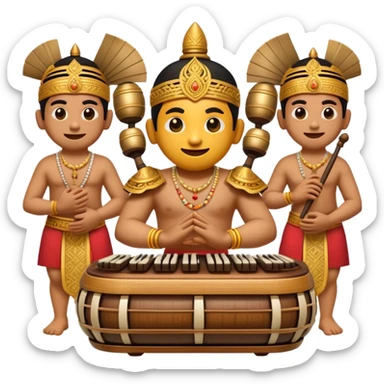 Cinematic Realistic Gamelan Pop Culture Emoji, depicted with an ensemble of traditional Indonesian instruments rendered with rich textures and rhythmic, cultural lighting. sticker