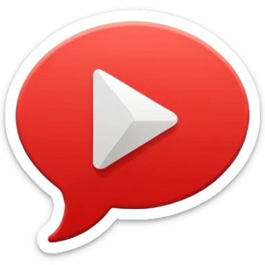 Minimal design featuring a red speech bubble that contains a white play button. On a white background, no text. Suggests intelligent conversation about video content. Clean, modern and tech-oriented sticker