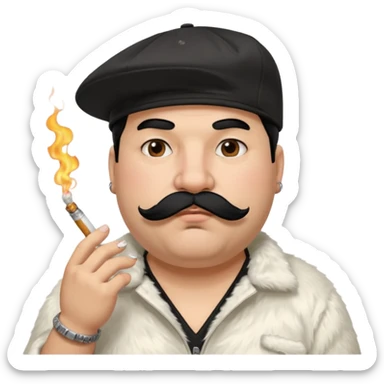 a fat father with white fur, black hair, a hip hop cap, a tattoo with a cigarette in his mouth, and a mustache. sticker