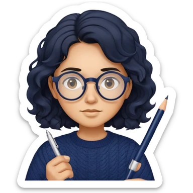 Reliable-looking designer with wavy black hair, round glasses, navy blue sweater, organized, holding pen with competent expression sticker