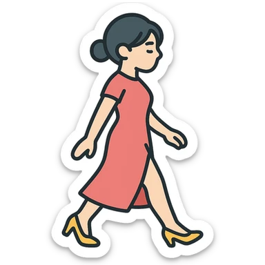 A girl walking from left to right, side view, wearing a red dress with a slit and high heels, eastern style, thin clean outlines, soft rounded shapes, detailed drawing with shadows and highlights, pastel palette #98B5BC, #B5B3C1, #C9A3C9, #E4C0CA, #F7DCD1, #F7C0AA, modern Japanese pop art, soft lighting, transparent background, no extra decoration, focus on movement and elegance sticker