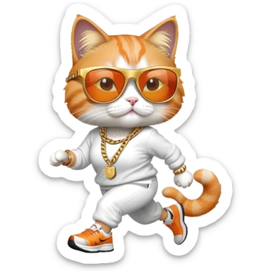 female cat wearing Run DMC hip-hop outfit, gold chains, dark sunglasses, jogging sticker