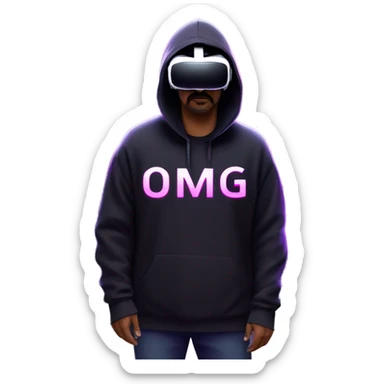 Big Lebowski wearing a black hoodie with "OMG" letters on it and VR headset oculus quest 2 in a cyberpunk VR environment with violet neon lighting. sticker