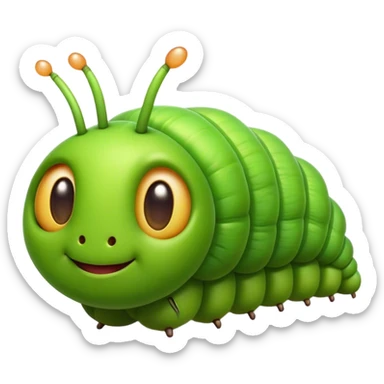 Cinematic Realistic Cute Caterpillar Portrait Emoji, Head tilted playfully and inquisitively, featuring a compact, segmented body in bright, vibrant green with delicate, inviting textures and a charming, rounded face with sparkling eyes full of curiosity, rendered with lifelike detail and natural highlights, high shine, affectionate and spirited, styled with a touch of garden whimsy, soft glowing outline, capturing the essence of a mischievous yet lovable caterpillar that seems poised to crawl cheerfully into your arms! sticker