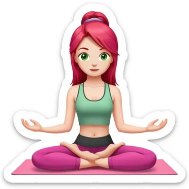 Long hair red head white girl with green eyes doing yoga wearing pink sticker