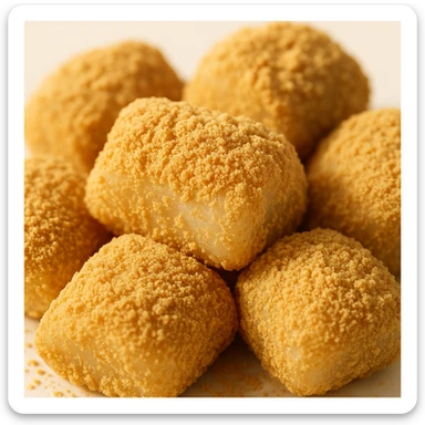 injeolmi rice cakes, generous coating of roasted soybean powder, soft and chewy, close-up, white background, warm natural light sticker