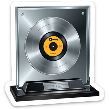A platinum music award plaque: a square, polished platinum plate with a subtly textured, mirror-like finish, mounted on a simple dark metal base. The center features a relief of a or stylized vinyl record in a slightly darker metallic tone.  sticker