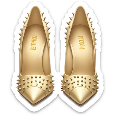 Realistic isolated top view of a pair of light champagne gold spikey pointed toe high heel shoes.  sticker