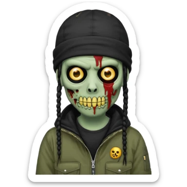 a zombie emoji with black dreads and a black carheartt jacket and black nike ski mask on his head sticker