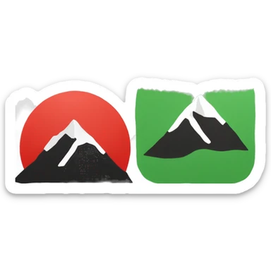 Prapare red,black and red colour flag in a sequence , 35%, 30% and 35% . White bold circle in mid and in the circle there are mountains(green) and sun. sticker