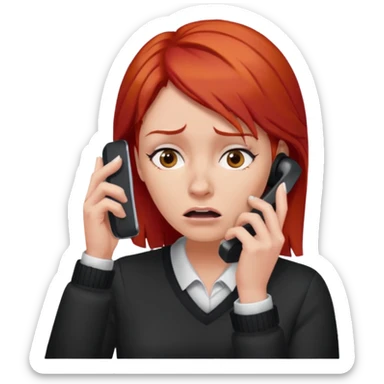 woman with red hair, frustrated, holding a phone to her ear, waiting on hold sticker