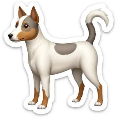 a full body large white floppy eared parson russell looking dog the size of a kelpie with light brown ears and a light brown patch on one eye and a large snout sticker