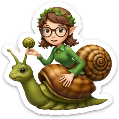 tiny forest elf woman brown wavy hair glasses riding a snail sticker