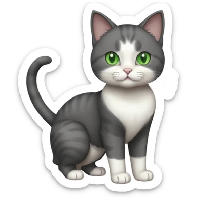 full body view of beautiful female solid dark grey cat with green eyes, white toes/paws and white patch on her chest sticker