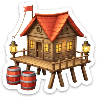 
fisherman house on a wooden pier, small dock, fishing nets hanging, barrels, lantern, ocean vibe, 3D cartoon, cute mobile game icon, clean background, no text
 sticker