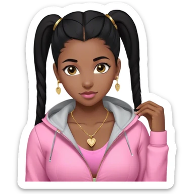 black girl with black straigh hair and baby hairs with pink lululemon jacket with cleavage showing a little n with a gold necklace small heart necklace and gold diamond stud earrings  sticker