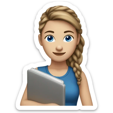 caucasian white IT girl student, holding laptop, blue eyes, brown hair ponytail sticker