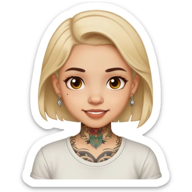 girl with small face tattoos, cheerful expression, wearing a shirt sticker
