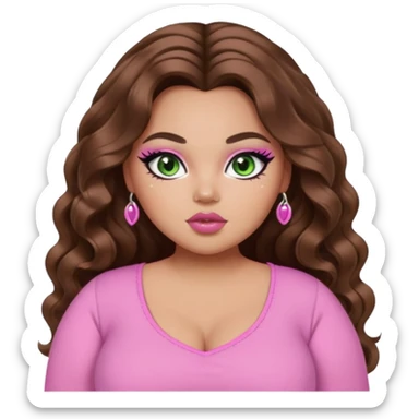  long brown wavy hair, light skin, green eyes, pretty bratz baddie, big plus size , black eyeliner, blush, pink girly top sticker