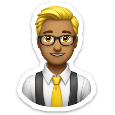 chico blanco con pelo moreno camisa blanca con corbata y chaleco de obra amarilla fosforito sticker