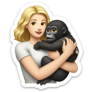 a white woman holding a baby gorilla in her hands sticker