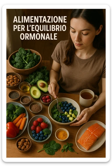 A realistic, cinematic flat-lay image of a clean wooden kitchen table filled with fresh, colorful whole foods known to help reduce androgen excess naturally. The table includes leafy greens like spinach and kale, avocados, berries, colorful vegetables, nuts, seeds (chia and flaxseeds), wild-caught salmon, and herbal teas, carefully arranged in an aesthetically pleasing, organized manner. A small glass bowl with olive oil and another with turmeric powder are included, emphasizing anti-inflammatory properties. In the scene, a young woman with clear, healthy skin and a calm expression is preparing a bowl with these ingredients, symbolizing a hormone-balancing diet. Warm, natural daylight streams in, creating a cozy and inviting atmosphere. The style is hyper-realistic 35mm photography, with vibrant yet soft colors, showcasing textures of the fresh produce and the peaceful vibe of using nutrition to support hormonal balance in italiano sticker