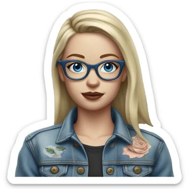 Hyper Realistic pale beautiful tattooed 3D woman with glasses and blue eyes wearing denim jacket sticker