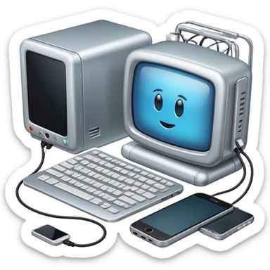 An emoji representing electronics: a collection of electronic devices such as a smartphone, laptop, refrigerator, TV, wires, and microchips, arranged in a cohesive and modern style. The design should have a technological neon or metallic tint sticker
