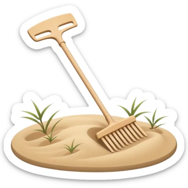 Minimalist emoji of a Japanese zen garden rake with four teeth, elegant thin lines, light wood tone, sand-beige palette, flat vector style, calm and balanced aesthetic, zen-inspired, transparent background, premium minimal design sticker