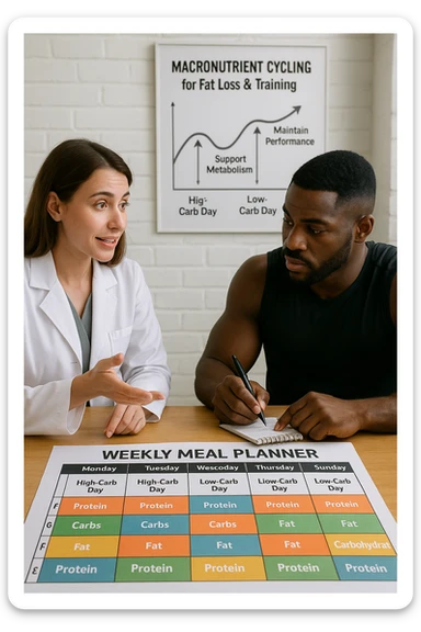 a nutritionist explains to an athlete how to cycle macronutrients for fat loss and training. On the desk, a weekly meal planner shows alternating high-carb and low-carb days, with color-coded sections for proteins, fats, and carbs. The athlete takes notes, and a chart in the background illustrates the benefits of nutrient cycling. The mood is professional and educational. scritto in italiano sticker