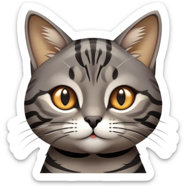 cinematic-cute-grey-and-black-brown-tabby-cat-portrait-emoji,-head-tilted-playfully-and-inquisitively,-sleek-grey-brown-fur-with-bold-black-tabby-stripes-and-a-distinctive-m-shaped-marking-on-the-forehead,-sparkling-amber-eyes,-simplified sticker