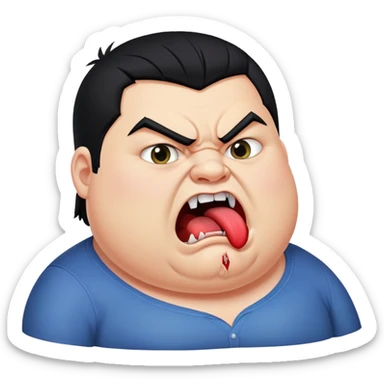 chubby young angry man in profile view with black hair, sharp fangs, crossed eyes, exaggerated long tongue sticking out sticker