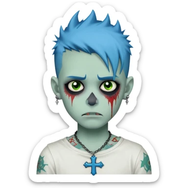 zombie boy with spiky emo blue hair and white shirt , tattos, a risk on the eyebrow, earings,  a necklace with a cross, green skin emoji  sticker
