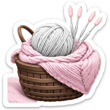 detailed, hyperrealism, still life beautiful ball of chunky white to light pink color wool, placed in a dark wooden basket, with other types of wool, to knit a blanket  metallic silver kitting needles. Transparent background. sticker