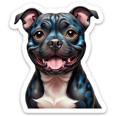 Cinematic Comical Black/Brindle Staffordshire Bull Terrier Portrait Emoji, Head tilted dramatically with an exaggeratedly amused expression, featuring a striking Fur with bold black and brindle patterns, wide, expressive dark eyes filled with playful disbelief, Simplified yet hilariously expressive features, highly detailed, glowing with a slightly sassy glow, high shine, dramatic yet playful, stylized with an air of cheeky mischief, bright and endearing, soft glowing outline, capturing the essence of a spirited and over-the-top guardian, so meme-worthy it feels like it could side-eye its way into internet fame instantly! sticker