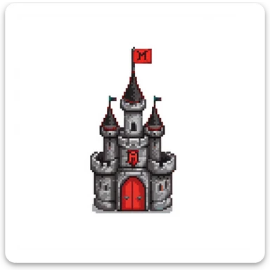 black and red castle with a flag that has the letter M drawn on it sticker